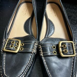 Coach Black Leather Loafers with Brass Buckles